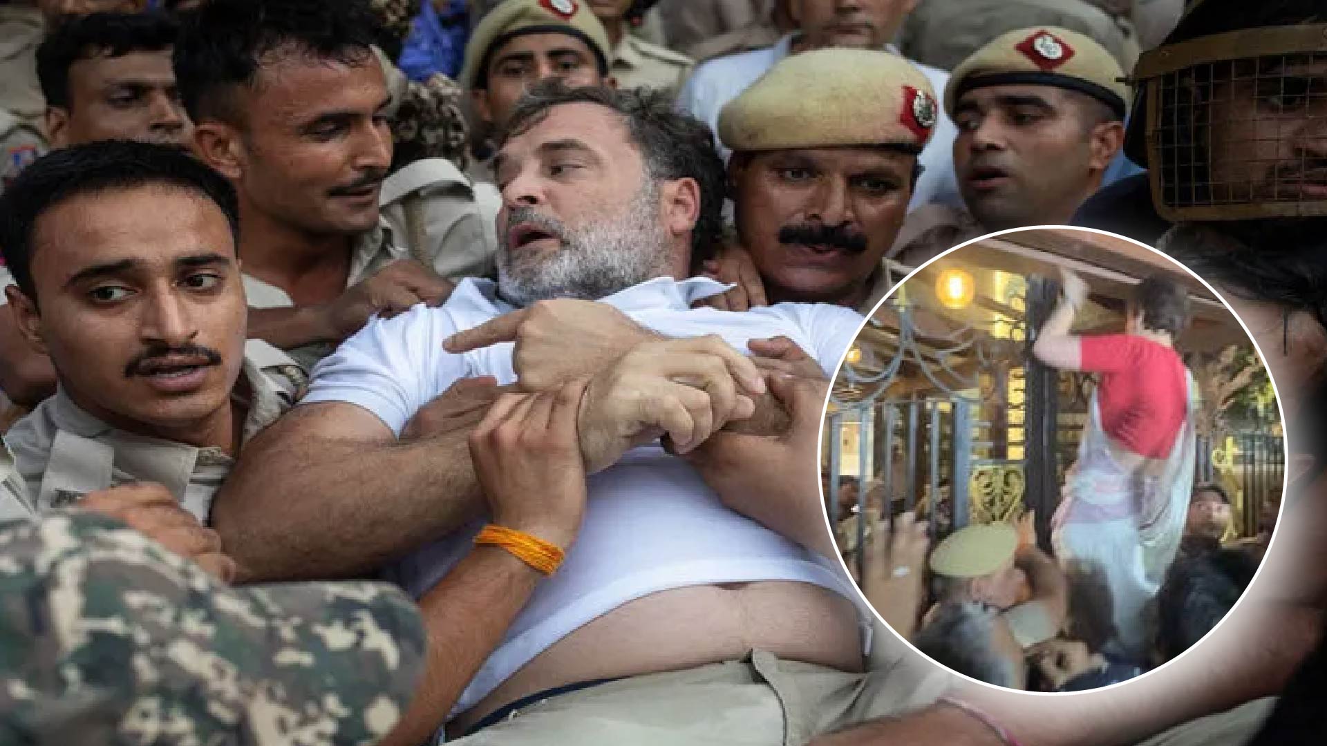 राहुल गांधी की हिरासत के बाद गेट पर चढ़ीं प्रियंका गांधी, तस्वीरें हुईं वायरल
