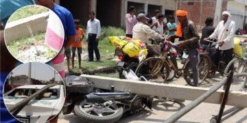 फर्रुखाबाद में 11 हजार वोल्ट लाइन का कहर: 5 बिजली खंभे गिरे, कार-बाइक क्षतिग्रस्त, बड़ा हादसा टला
